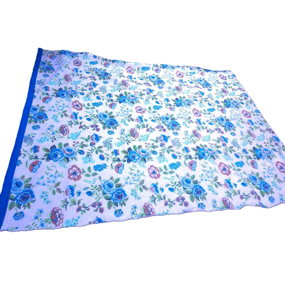 Vintage Chatham Blue Floral Blanket Satin Trim Retro Shabby Chic Cottagecore 70s